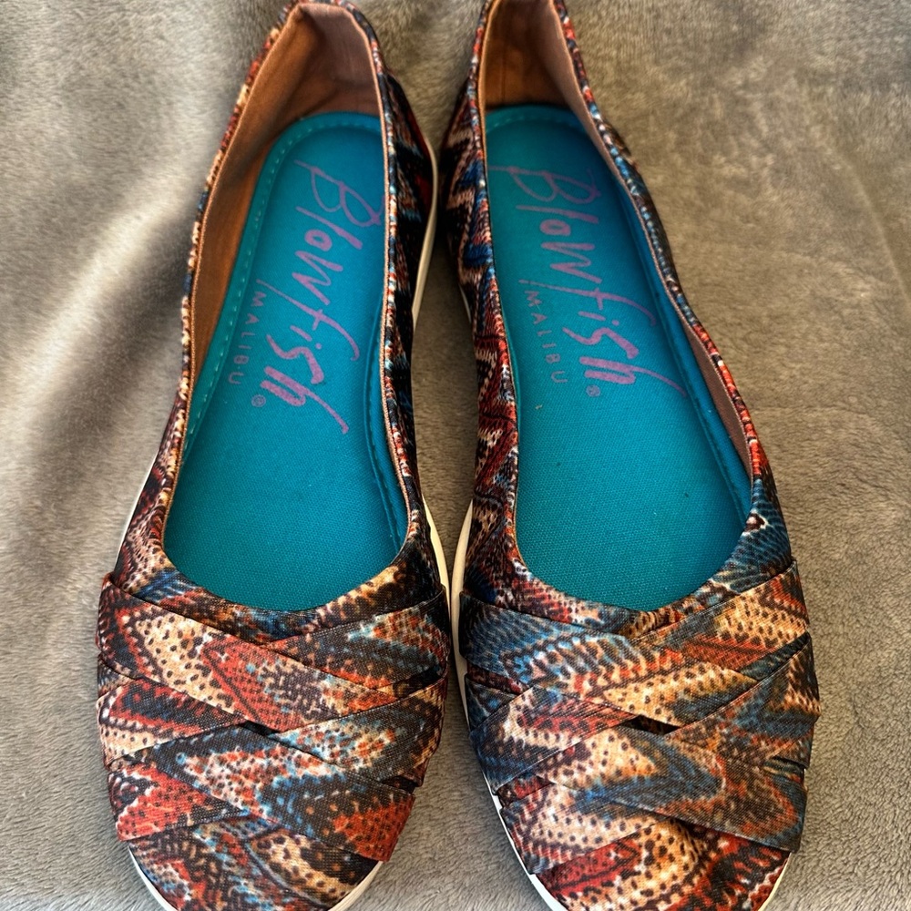 Blowfish Blue and Brown Loafers with Textile Pattern